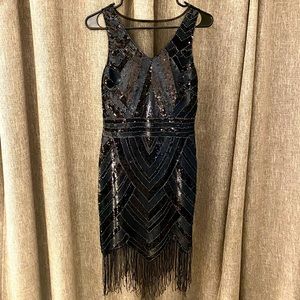 Like New! Molly Bracken Sequin Beaded Fringe Dress w/ Mesh Back, Women’s Medium